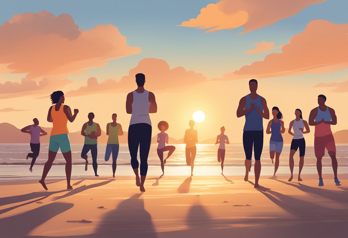 A group of people gather on a sandy beach, engaging in various fitness activities like yoga, running, and weightlifting. The sun is setting, casting a warm glow over the scene, and the sound of waves crashing in the background adds to the serene