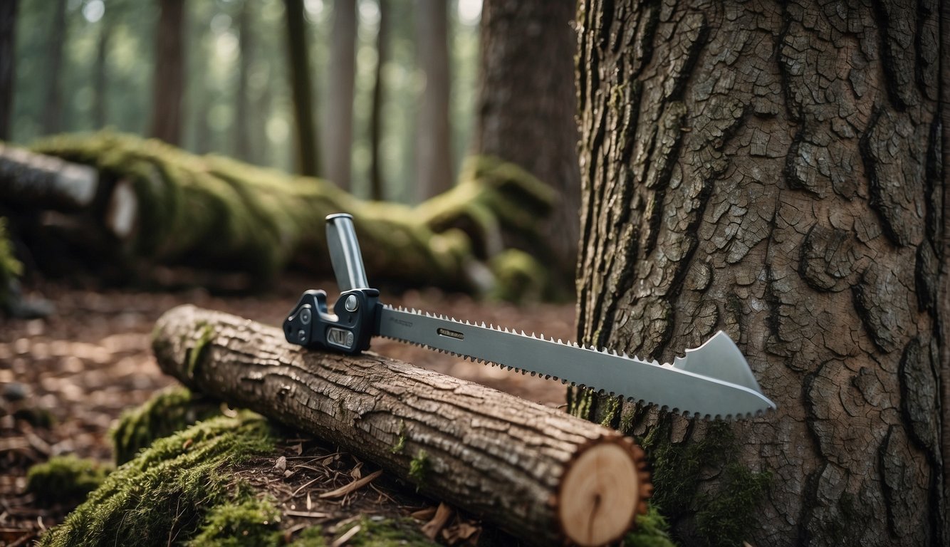 A saw resting against a sturdy tree trunk, surrounded by wilderness. A small tool kit nearby, with oil and a sharpening stone for maintenance