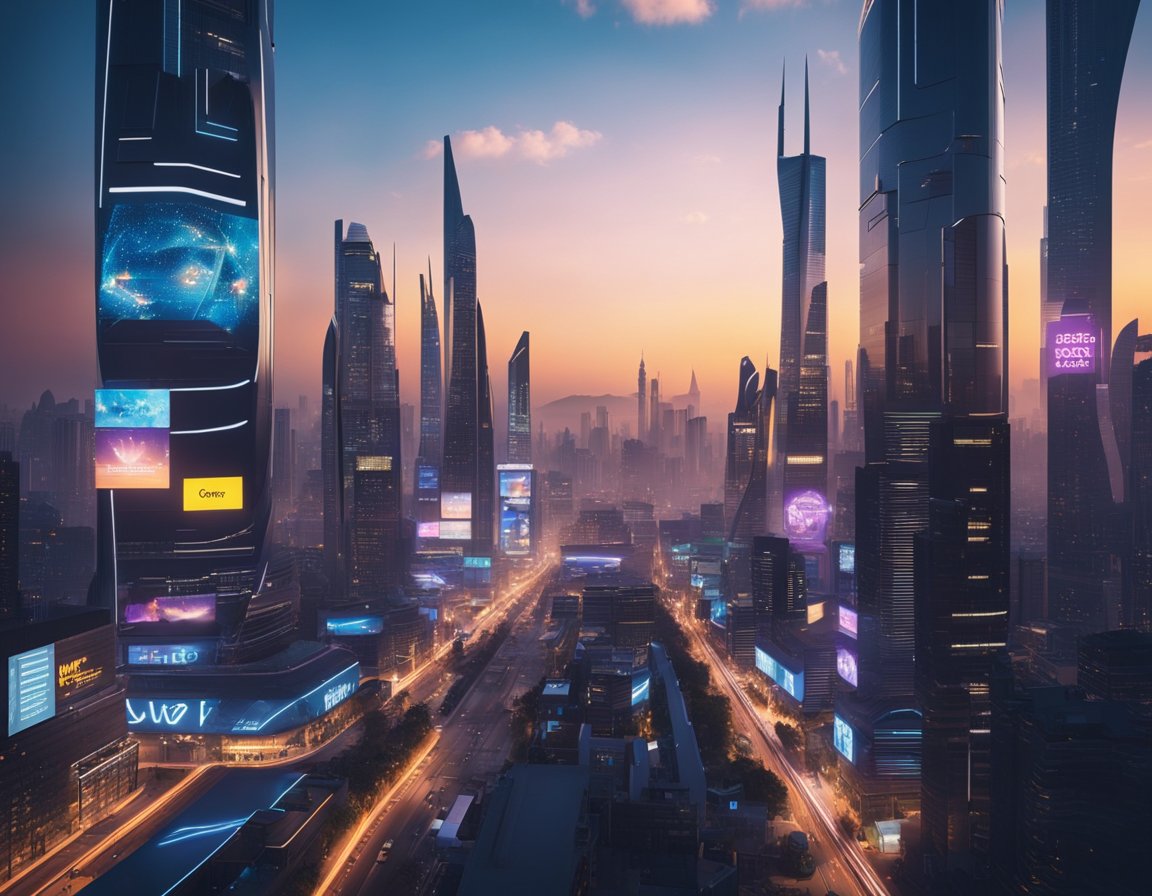 A futuristic cityscape with neon lights and digital billboards showcasing CyberGhost offers and coupon codes in 2024