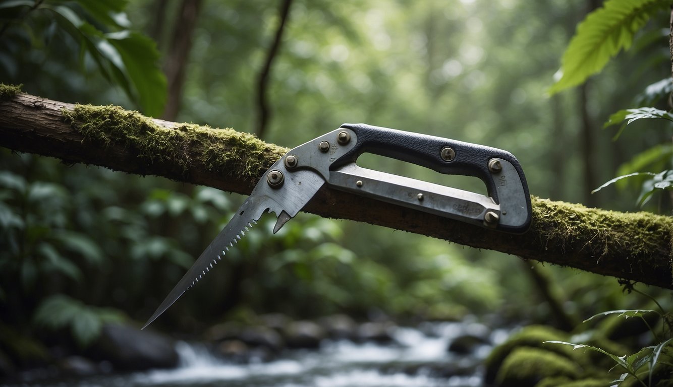 A saw hanging from a tree branch, surrounded by lush greenery and wildlife. A small stream flows nearby, emphasizing the importance of maintaining tools in a pristine wilderness setting