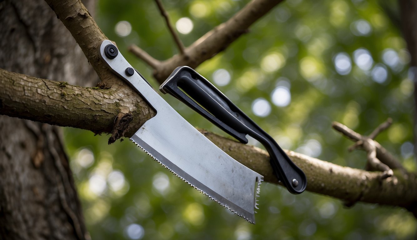 A saw hanging from a sturdy tree branch, with a makeshift wooden stand to keep it off the ground. A small container of oil and a rag nearby for maintenance