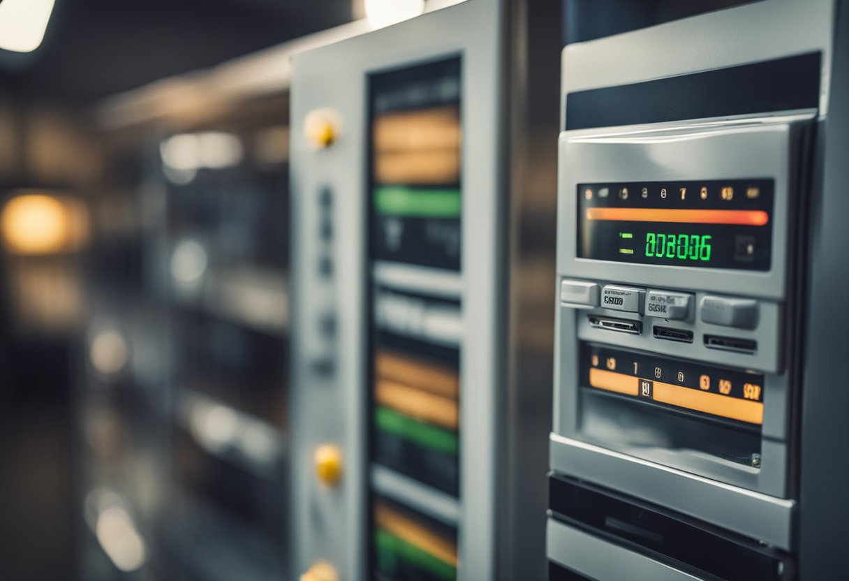 A fridge plugged into a power meter showing energy usage