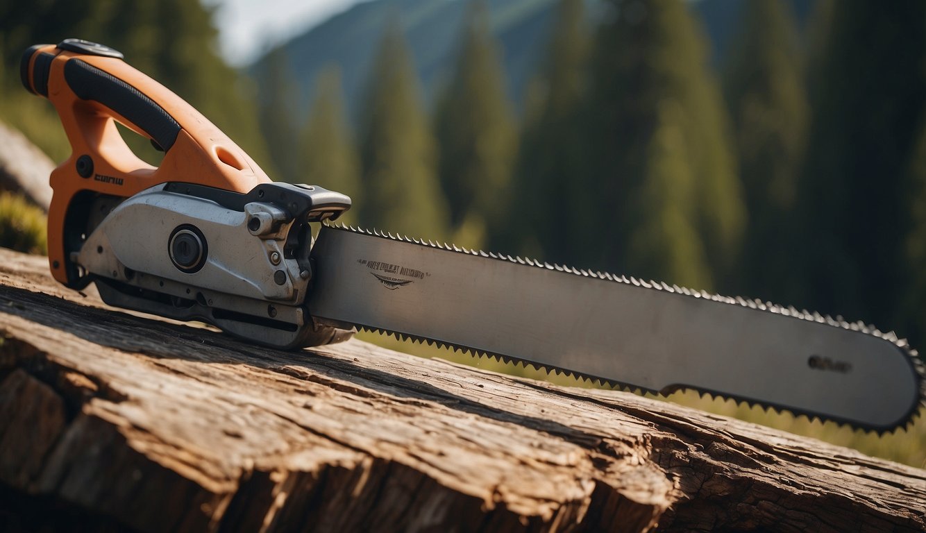 A saw resting on a wooden stump, surrounded by a rugged wilderness landscape. The blade is clean and well-maintained, with a sharpening stone nearby