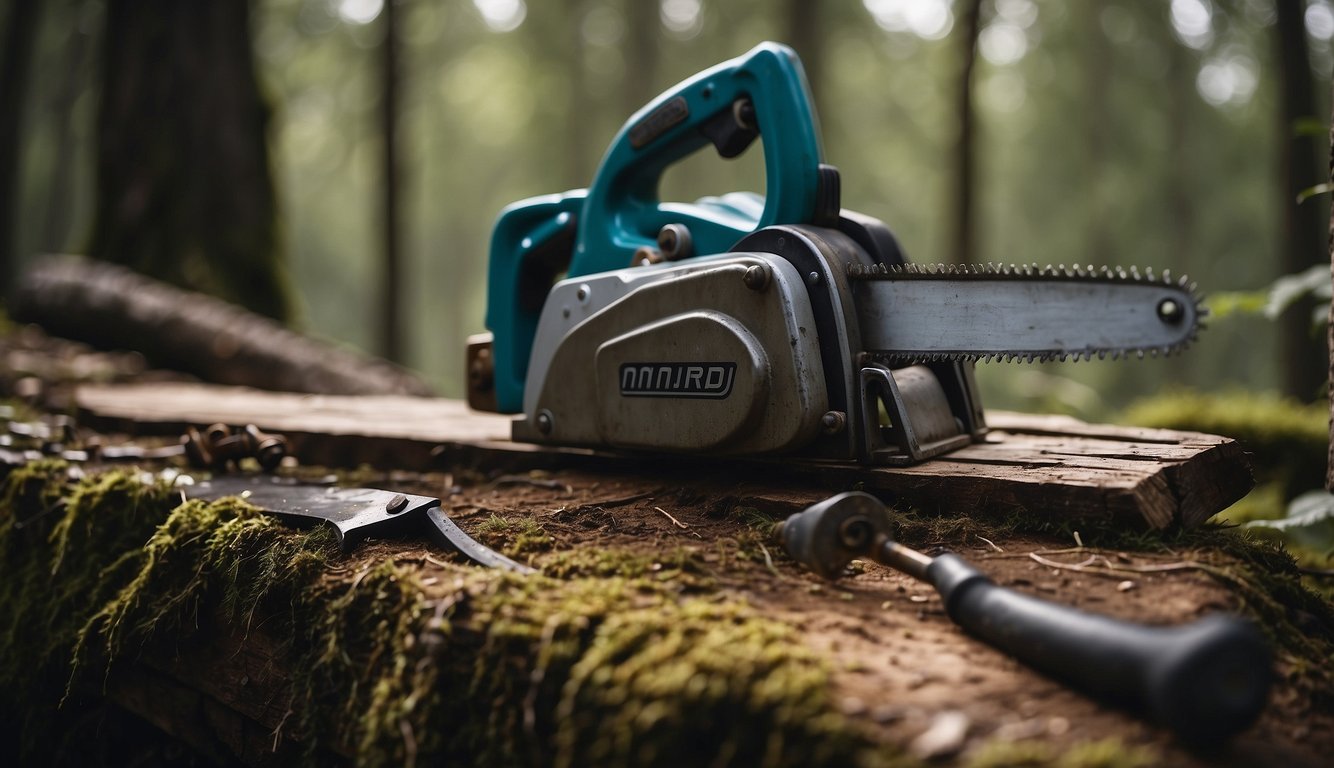 A saw being cleaned and oiled, with spare parts and tools laid out nearby for maintenance in a wilderness setting