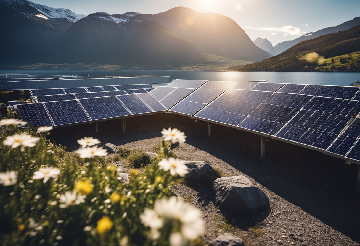 The scene shows solar panels glistening in the sunlight against a backdrop of Norwegian mountains and fjords