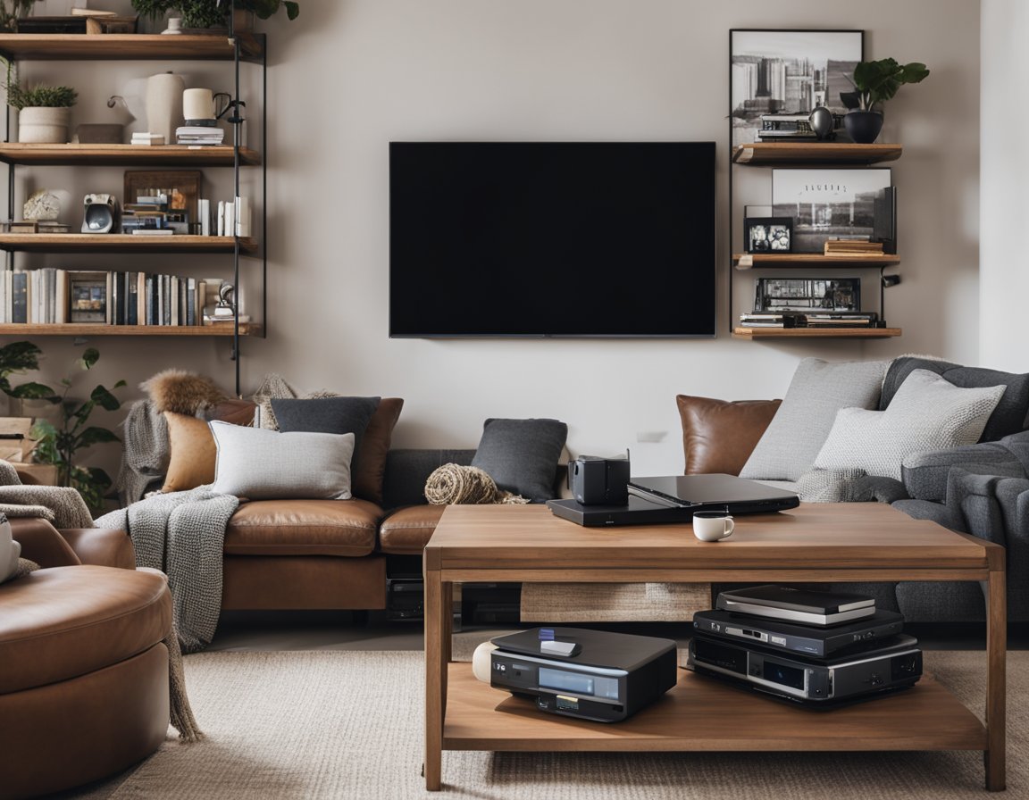 A cozy living room with a large smart TV and a comfortable sofa, surrounded by shelves filled with DVDs and movie memorabilia. A laptop and tablet sit on a coffee table, streaming services logos displayed on the screen