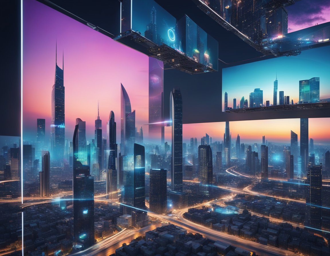 A futuristic city skyline with holographic billboards showcasing popular streaming platforms for series and movies in 2024