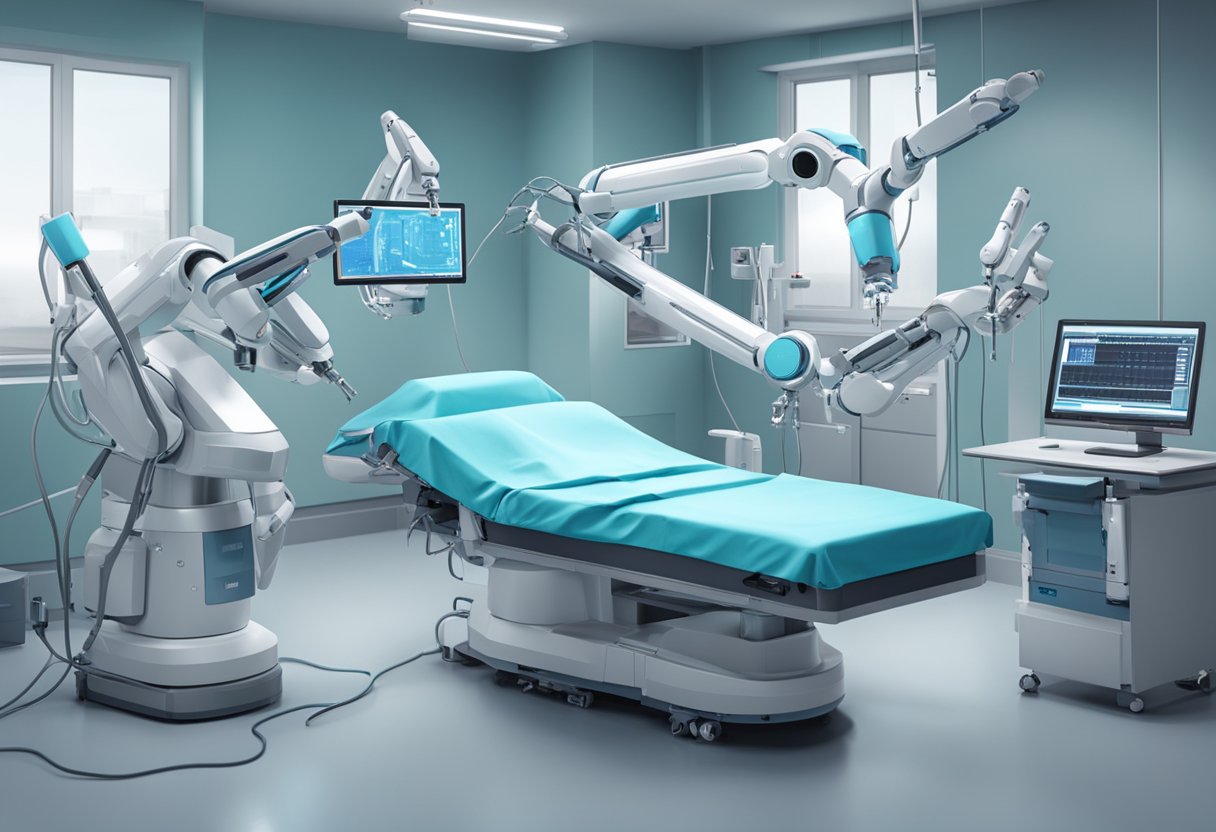 Robotic arms performing surgery with precision and efficiency, while monitors display patient data and surgical progress