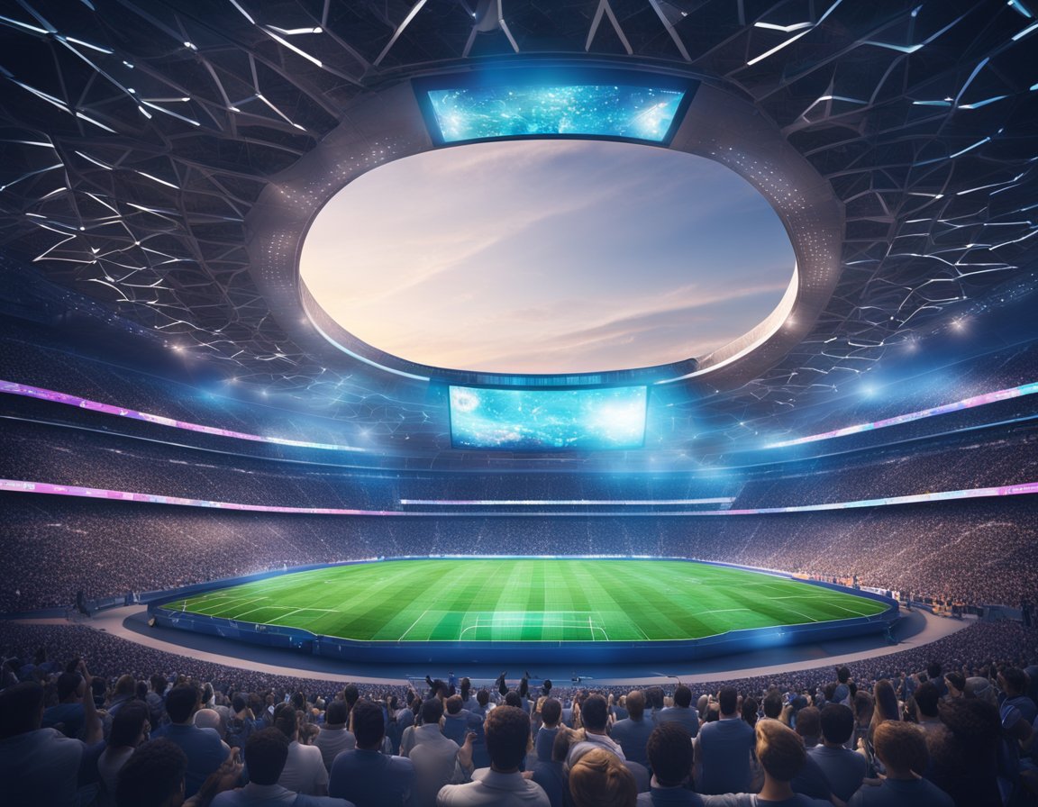 A futuristic stadium with holographic screens displaying various sports events, while fans from around the world connect through VPNs to stream the action in 2024