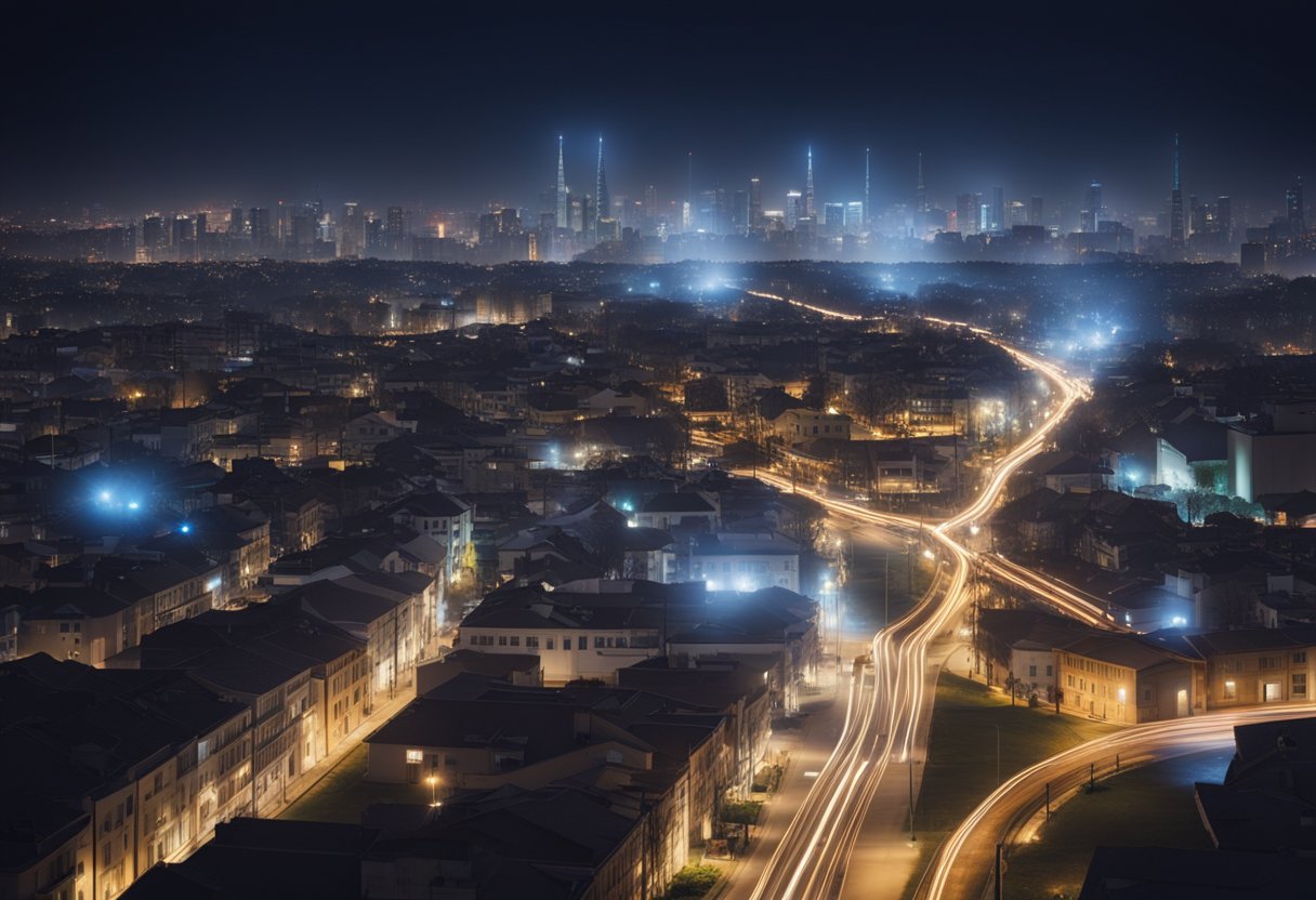Electric energy flows through power lines and lights up a city at night