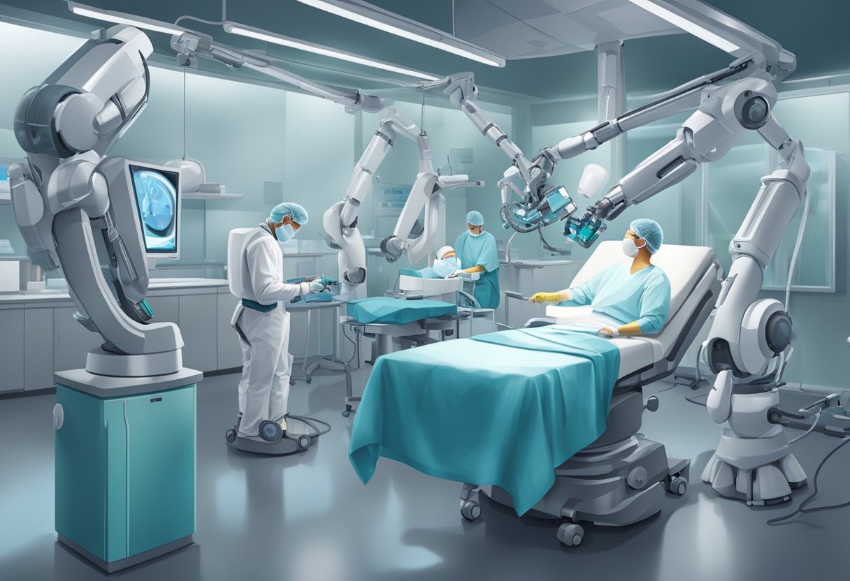 Robotic arms performing surgery, monitor displaying patient data, and surgeons observing