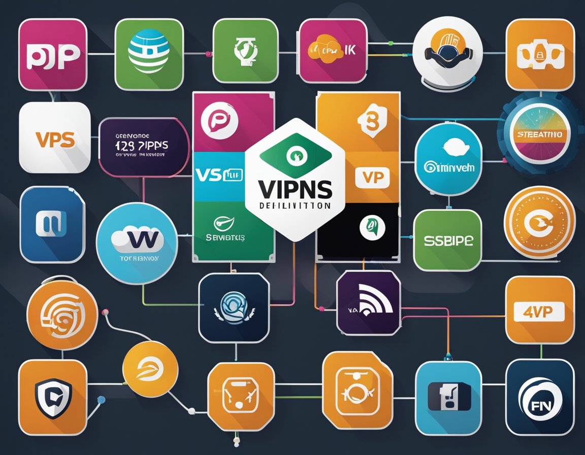 A comparison of VPNs for streaming sports in 2024, with various logos of VPN providers and sports streaming platforms displayed side by side