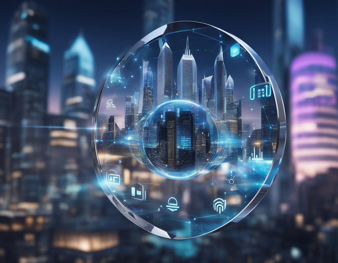 A futuristic cityscape with holographic VPN logos floating above buildings, while a sleek Opera browser icon stands out among the digital landscape