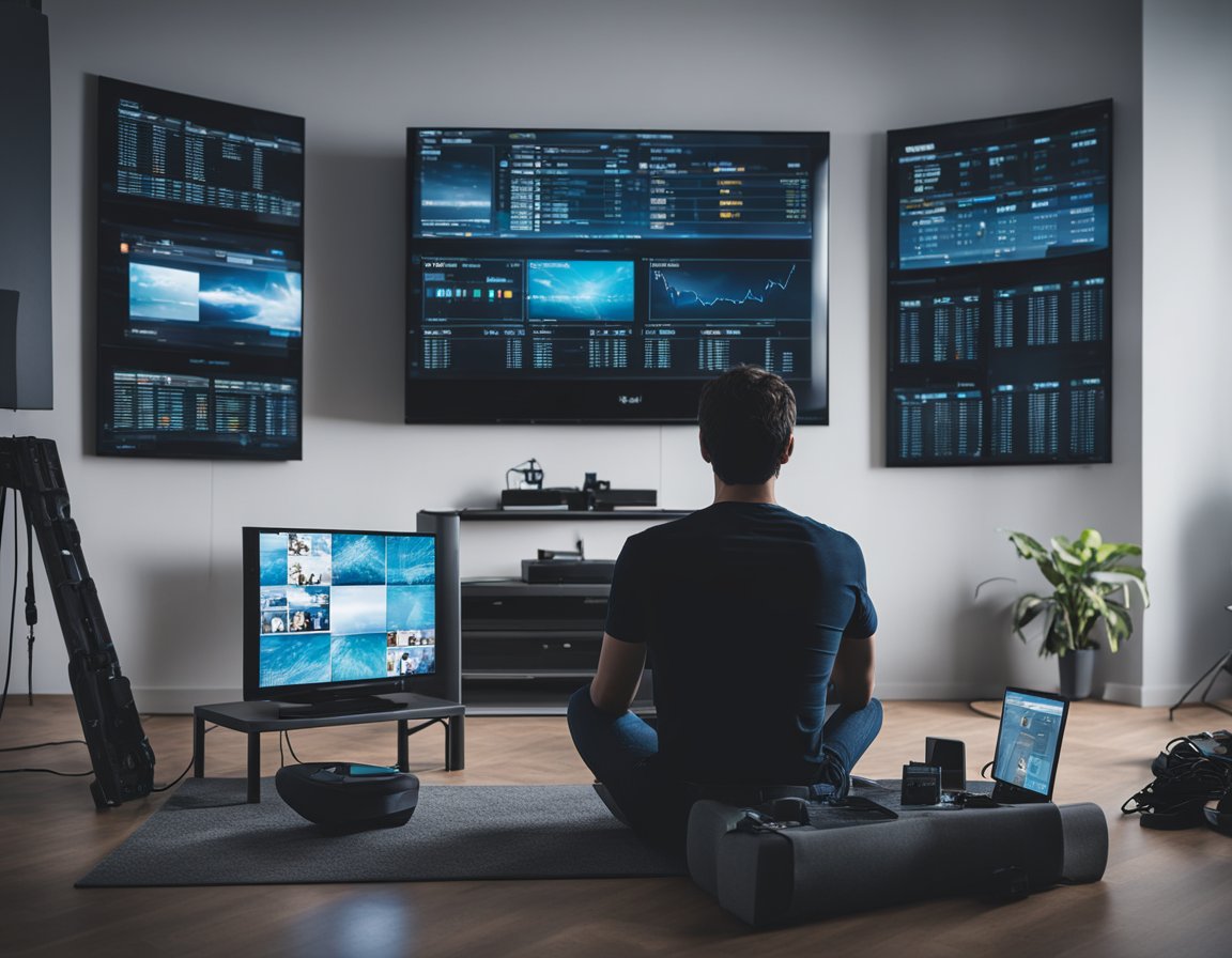 A person sitting in front of a TV with a frustrated expression, surrounded by various electronic devices and cables. The TV screen shows an error message related to connectivity issues with Kodi