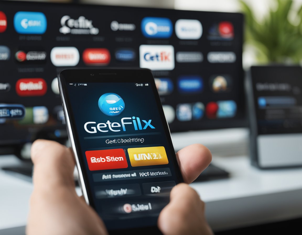 Getflix setup: TV, router, and smartphone. Getflix logo displayed on screen. User navigating app interface. DNS settings entered