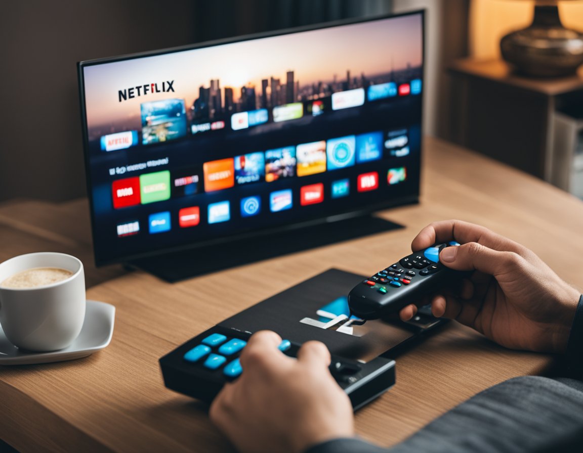 A person sits on a couch with a TV remote in hand, while a laptop displaying the Netflix logo is connected to a Kodi media player