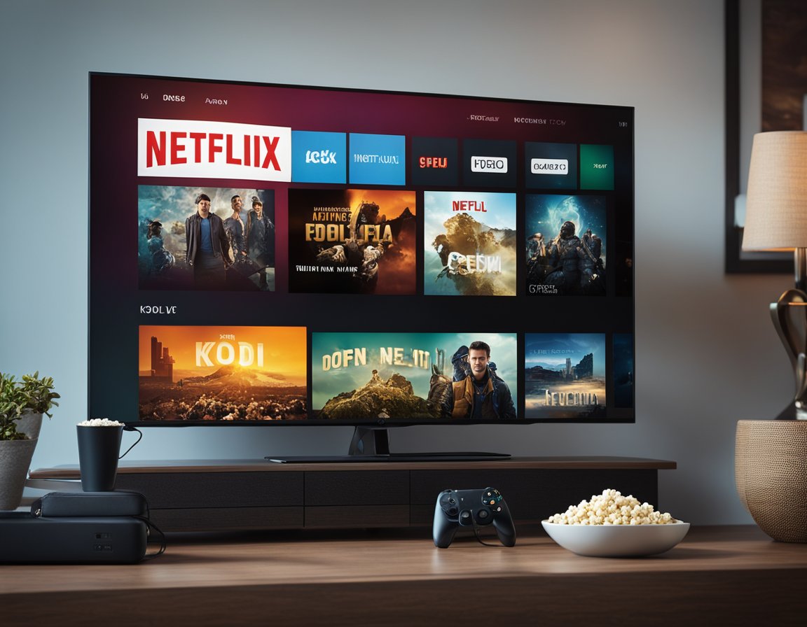 A TV screen displaying the Kodi interface with the Netflix app open, surrounded by a cozy living room setting with a couch and a bowl of popcorn