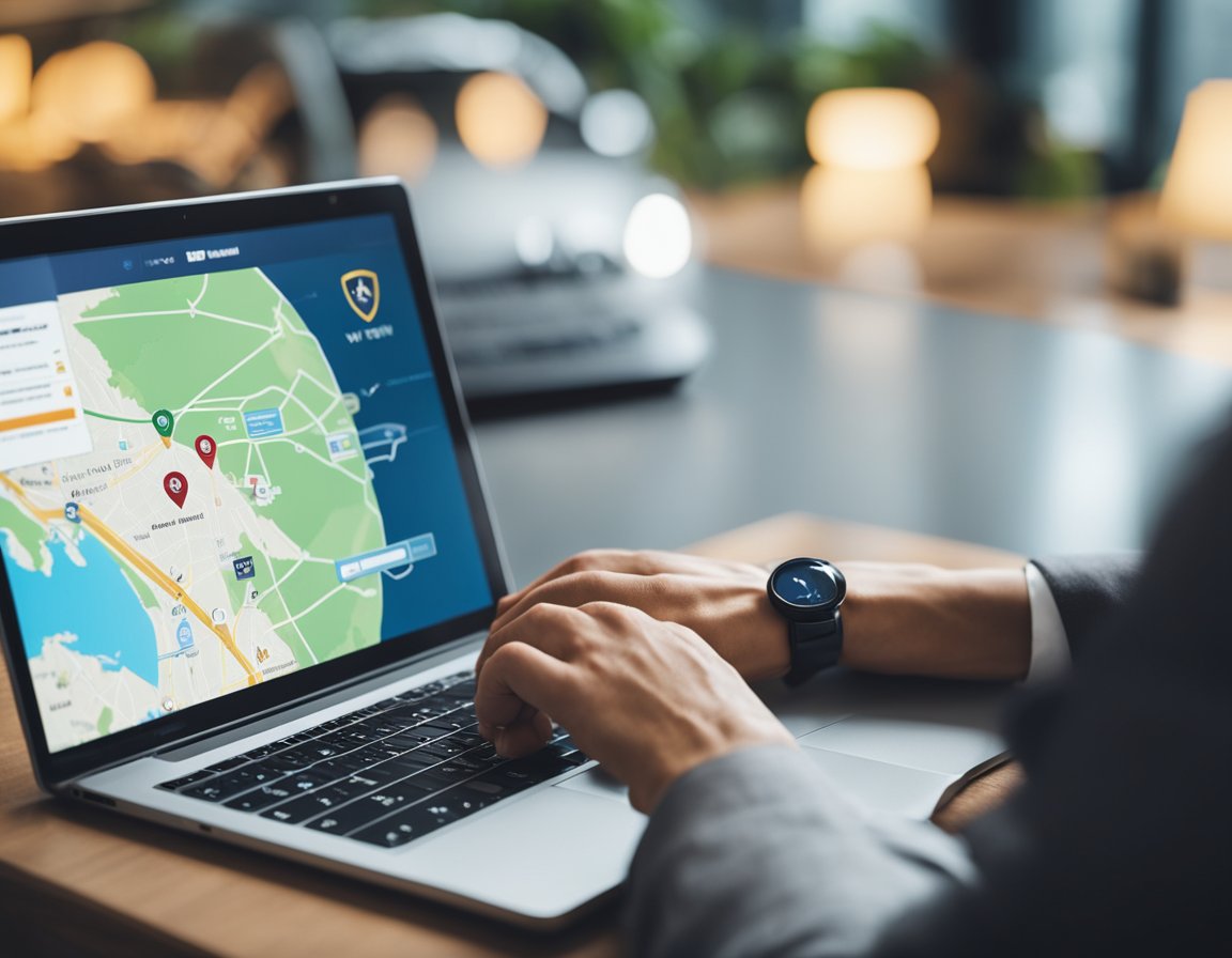 A person using a VPN to book a car rental online, with a map, laptop, and VPN icon visible on the screen