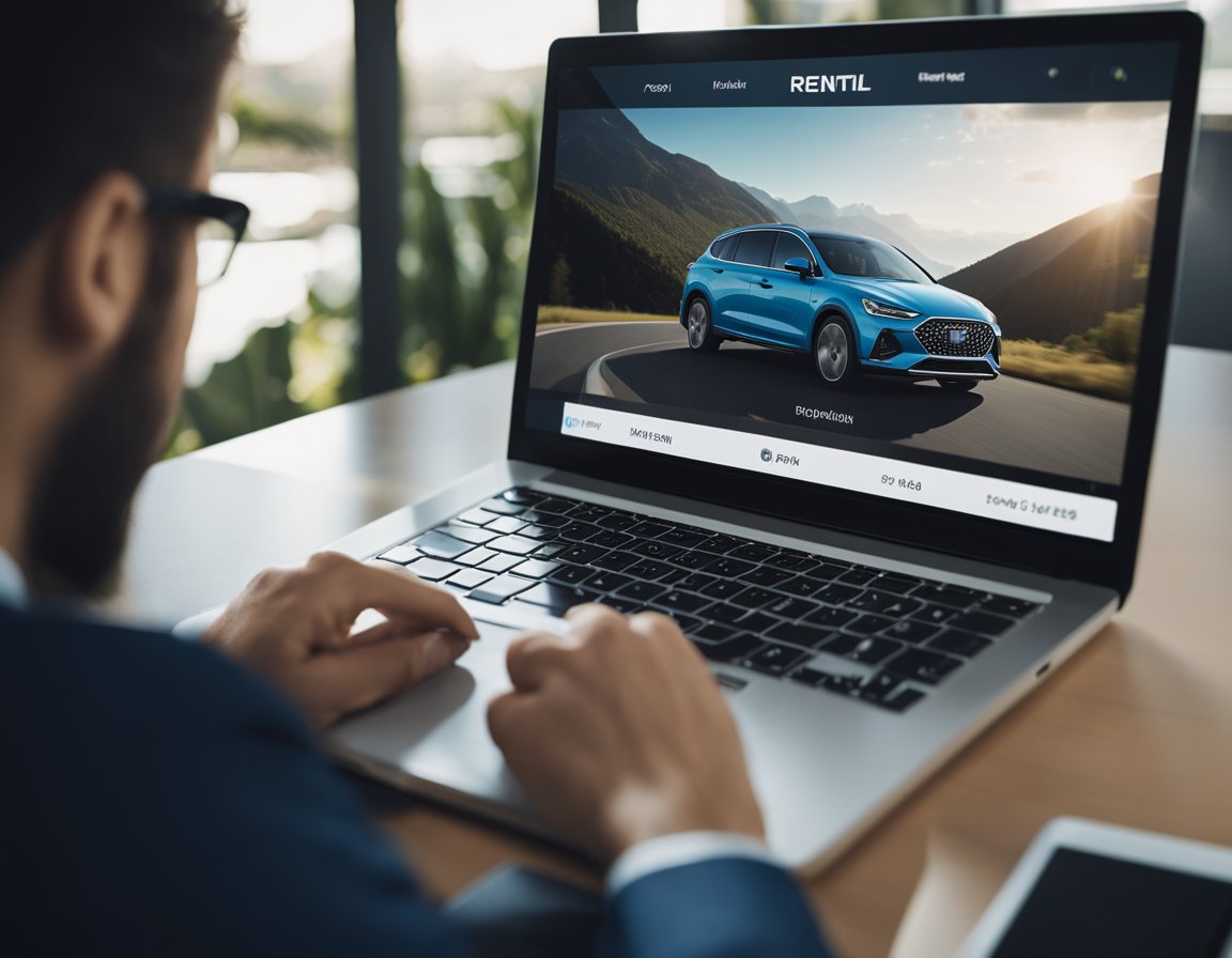 A car rental office with a person using a VPN on their laptop to book a car. The screen shows different prices and locations, while the person looks satisfied with the savings