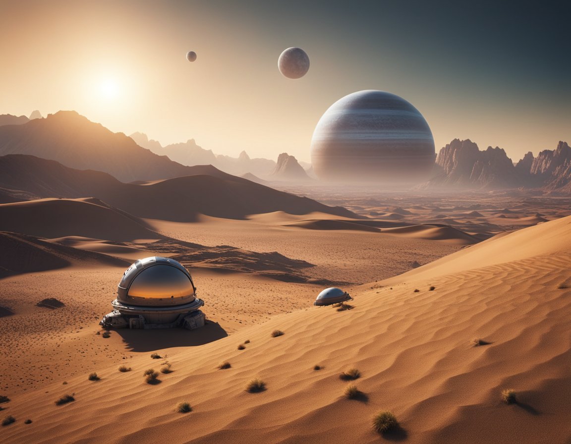 A desert planet with two suns, a lone spacecraft lands in a remote outpost. The sky is filled with alien creatures and the landscape is rugged and unforgiving