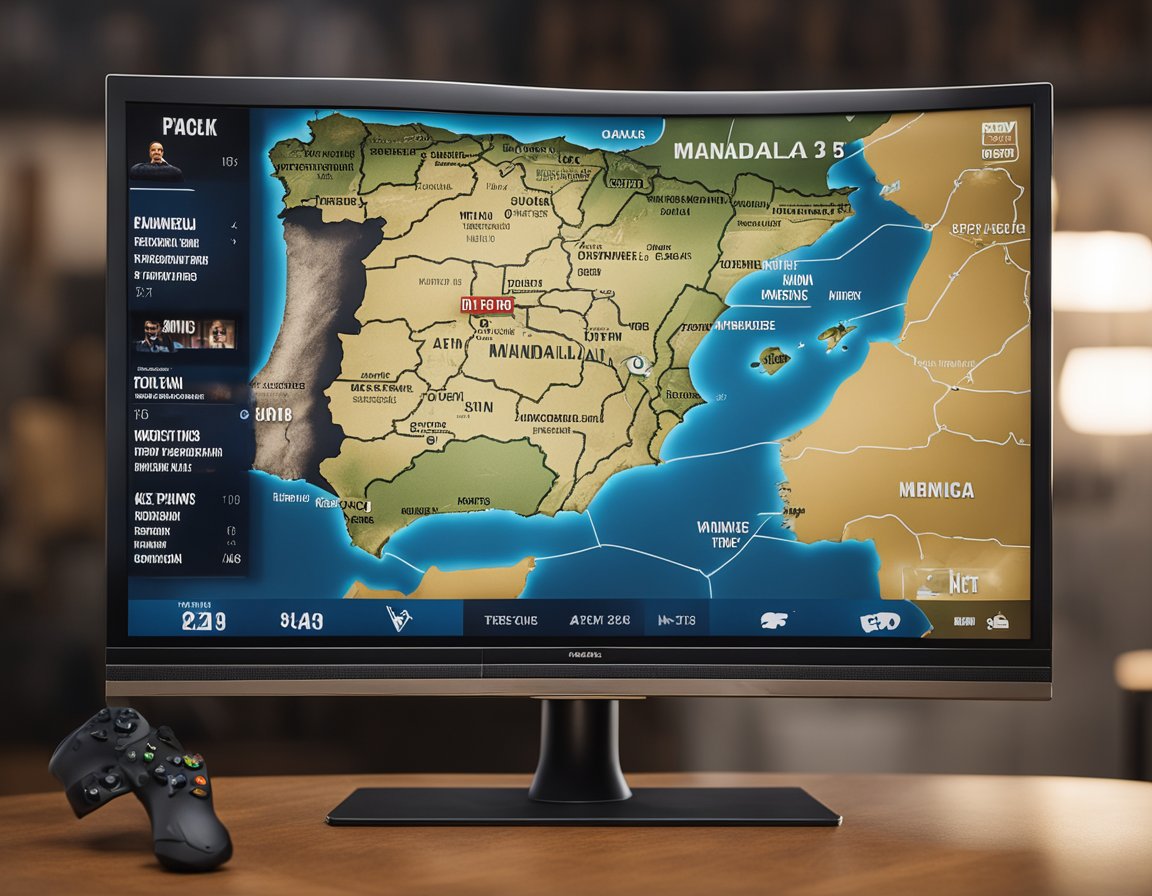 The scene shows a streaming device playing 'The Mandalorian' Season 2 on a TV screen, with a map of Spain and Latin America in the background