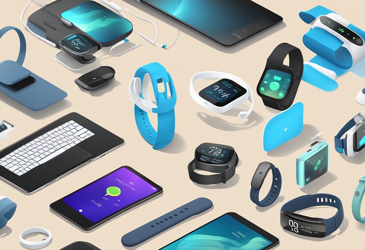 Various wearable health devices scattered on a table, including smartwatches, fitness trackers, and medical monitors. Light shines on the sleek, modern gadgets