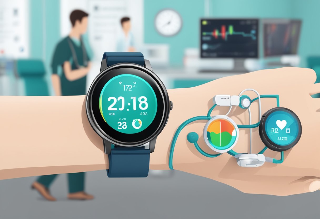 A person's wrist wearing a smartwatch with a heart rate monitor, connected to a smartphone displaying health data, with a hospital and medical equipment in the background