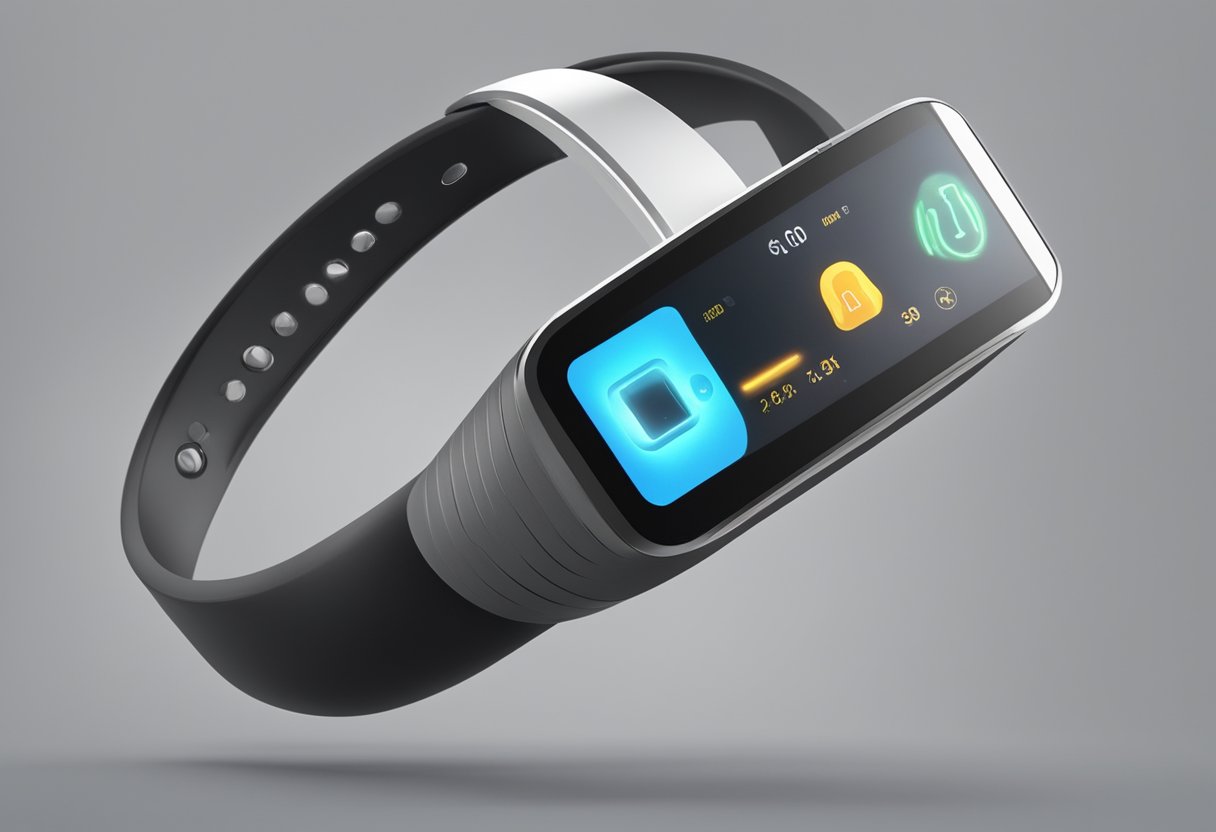 A sleek, modern wristband with a digital display and biometric sensors, seamlessly integrating with a smartphone app
