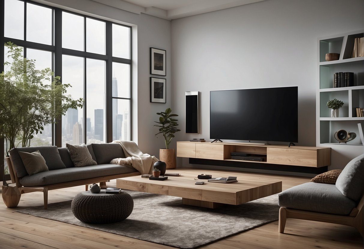 A living room with a sleek TV and speakers placed strategically around the space, wires neatly hidden. The system is connected wirelessly, creating a seamless and immersive surround sound experience