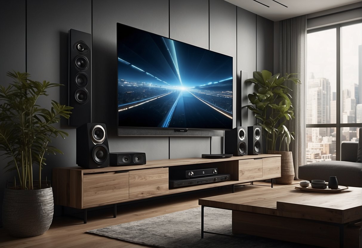 A living room with a sleek, wall-mounted TV and strategically placed speakers for a wireless surround sound system