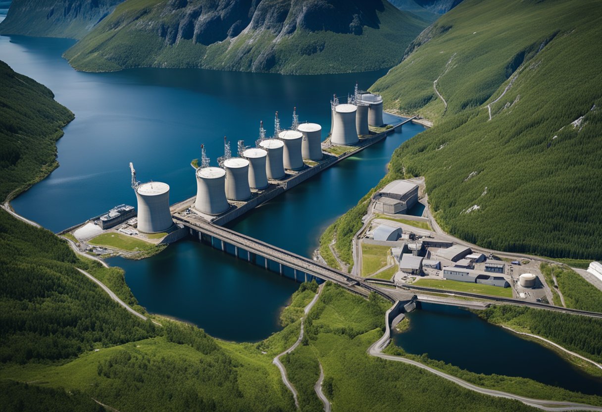 An aerial view of Norwegian power plants and hydroelectric dams generating electricity