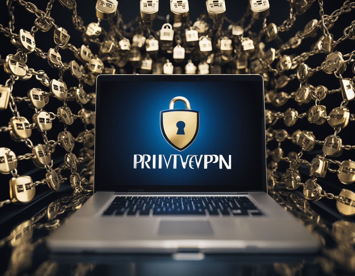 A computer with PrivateVPN logo on screen, surrounded by secure padlocks and a shield, symbolizing privacy and security