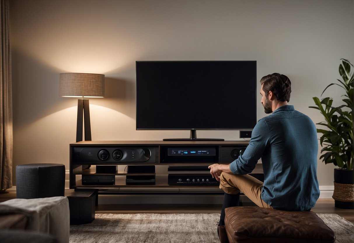A person setting up a wireless surround sound system for a TV. They are selecting the best system for their needs, carefully considering the options