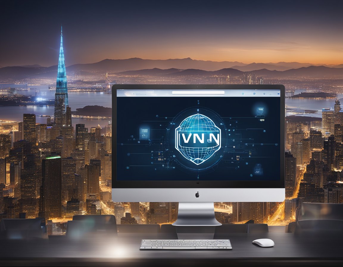 A computer screen displaying the Astril VPN homepage with the logo and navigation menu. The background shows a digital cityscape with secure connections