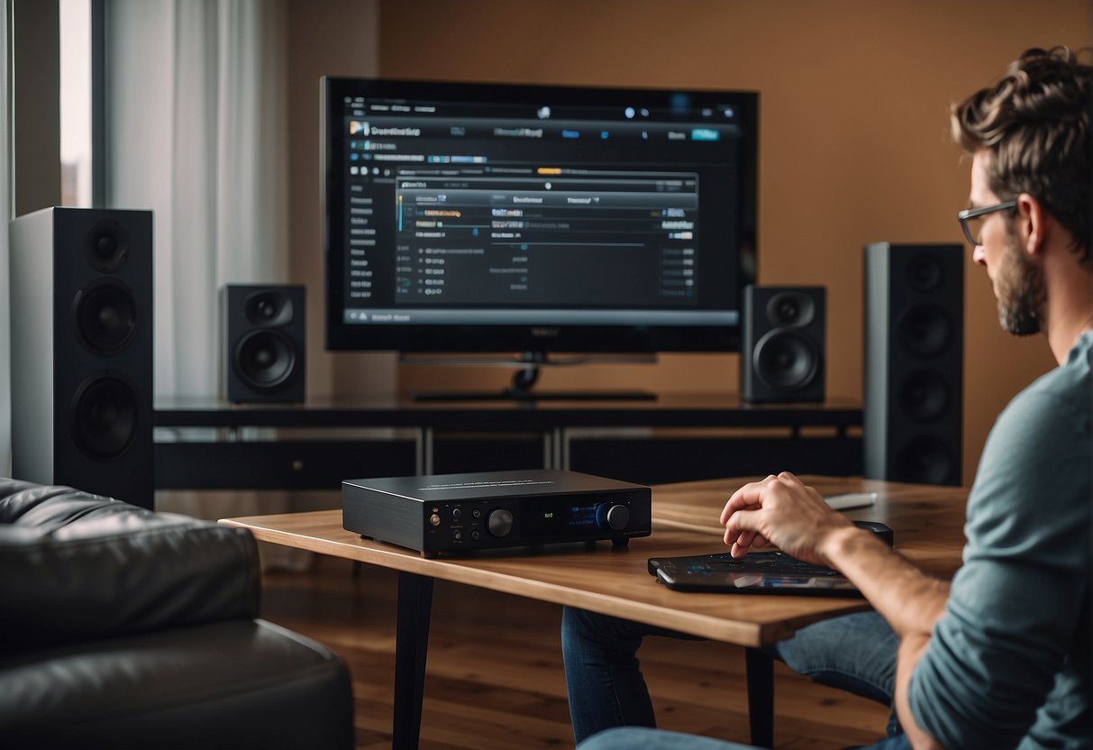 A person setting up a wireless surround sound system for a TV with budgeting and investment materials