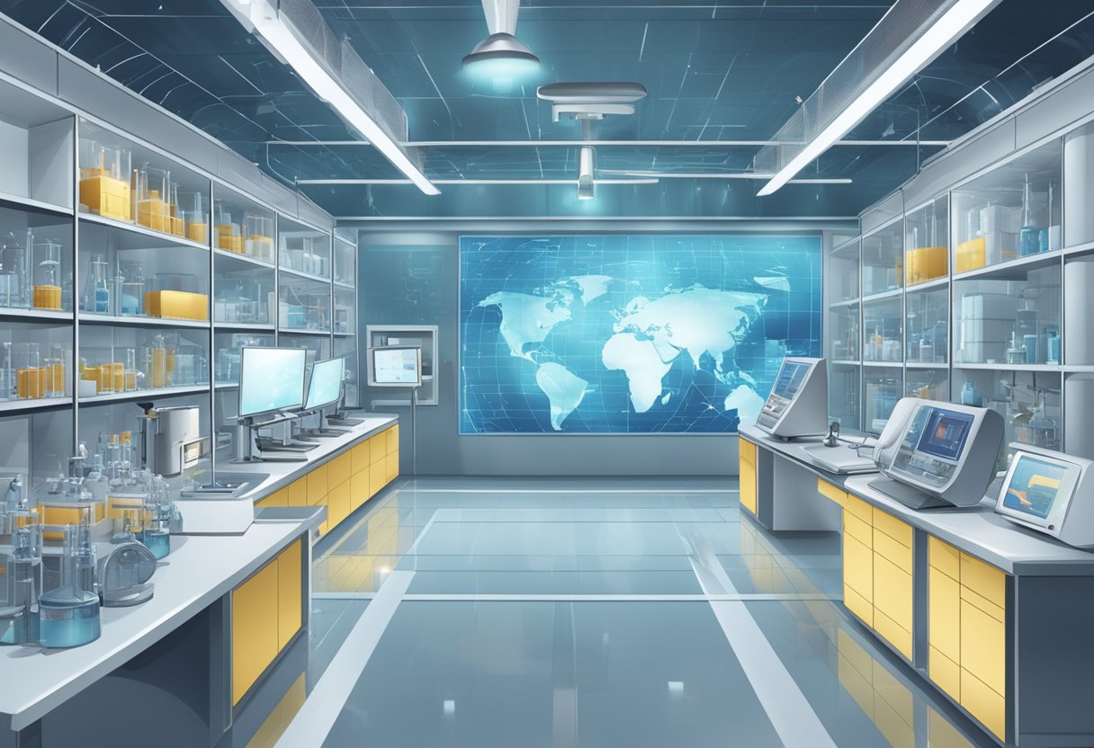 A futuristic laboratory with advanced equipment and technology, surrounded by a global map showing the distribution of immunization strategies