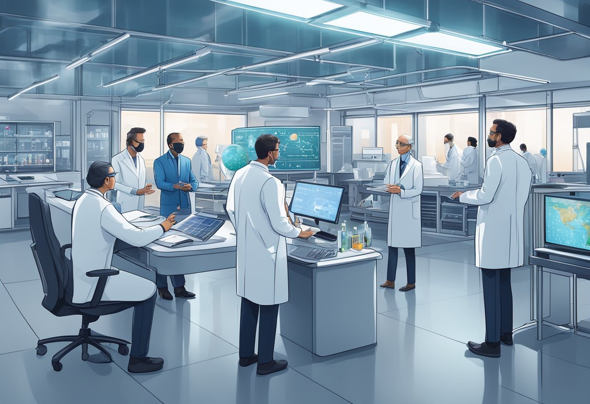 Scientists and investors collaborate in a futuristic lab, discussing vaccine technology and global health funding