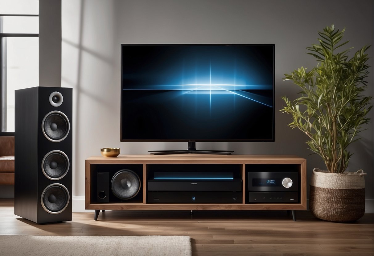 A wireless surround sound system is set up around a sleek, modern TV. Speakers are strategically placed to create an immersive audio experience
