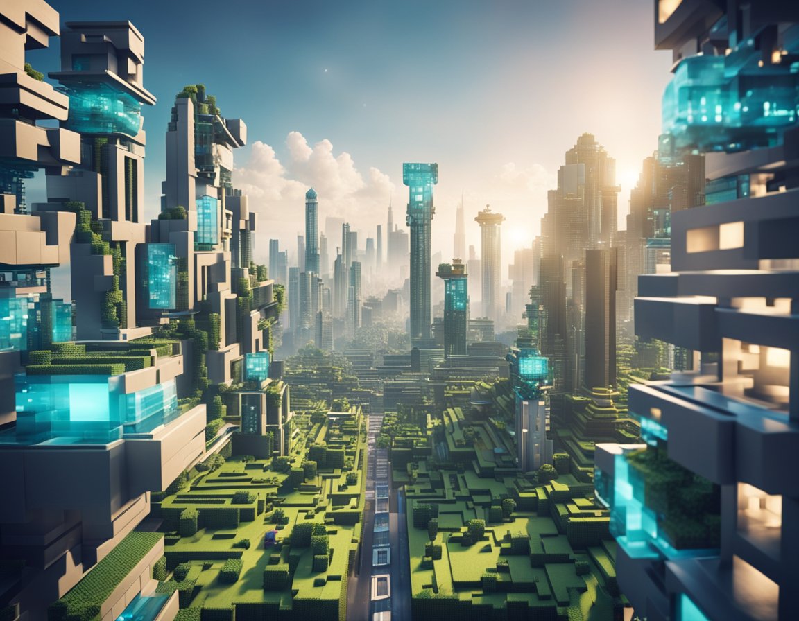 A futuristic cityscape with Minecraft characters using VPN technology