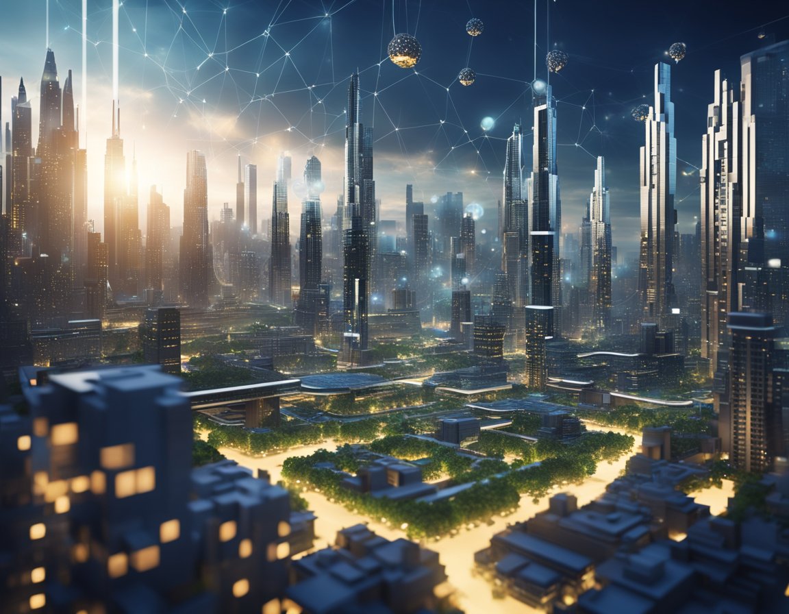 A futuristic city skyline with virtual networks connecting to a Minecraft world, showcasing advanced technology in 2024