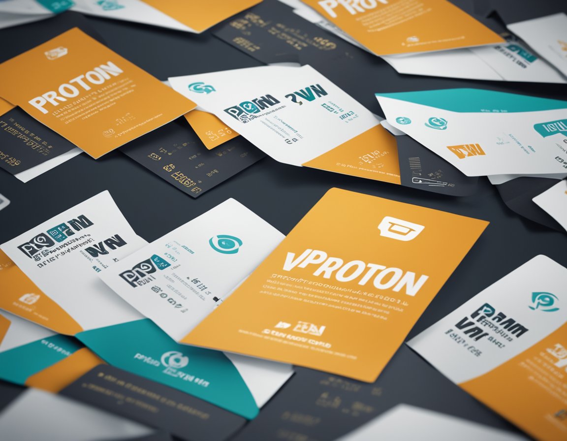 A stack of Proton VPN coupons and offers in 2024, with bold text and vibrant colors, surrounded by digital devices and a secure padlock symbol