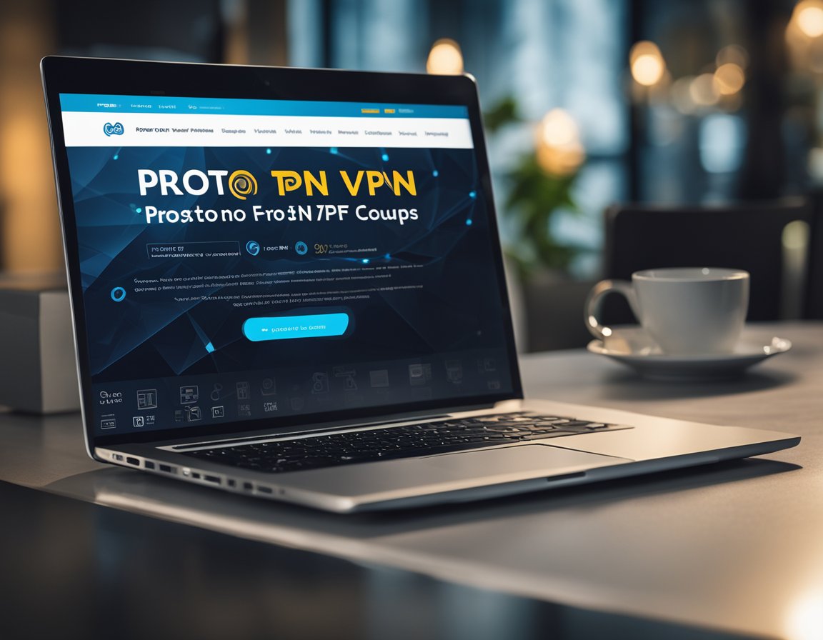 An open laptop displaying the Proton VPN homepage with a banner advertising coupons and offers for Proton VPN in 2024