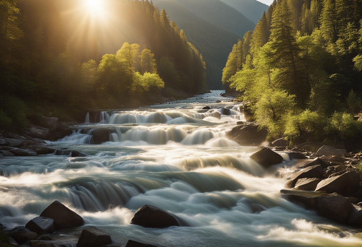 A rushing river flows through a lush, mountainous landscape, with a large hydroelectric dam in the distance. The sun shines brightly overhead, casting a warm glow on the scene