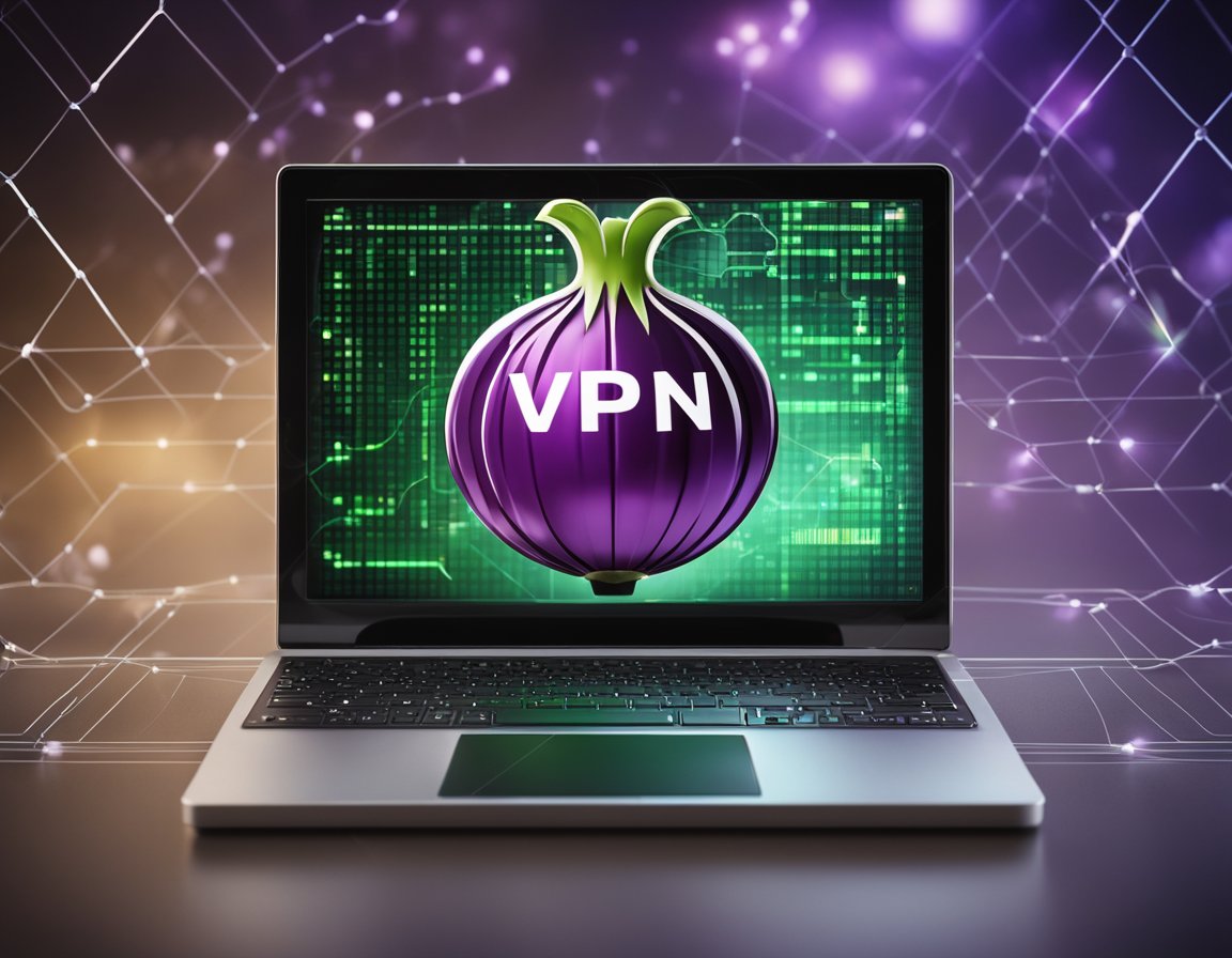 A computer with an onion and VPN symbol connecting to a network, surrounded by a shield representing security