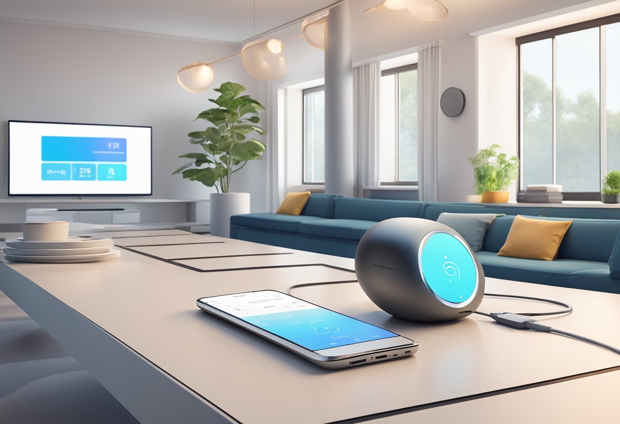 A modern, sleek smart home device sits on a clean, minimalist table. The device's screen displays "Frequently Asked Questions Building smart AI assistants for home use."