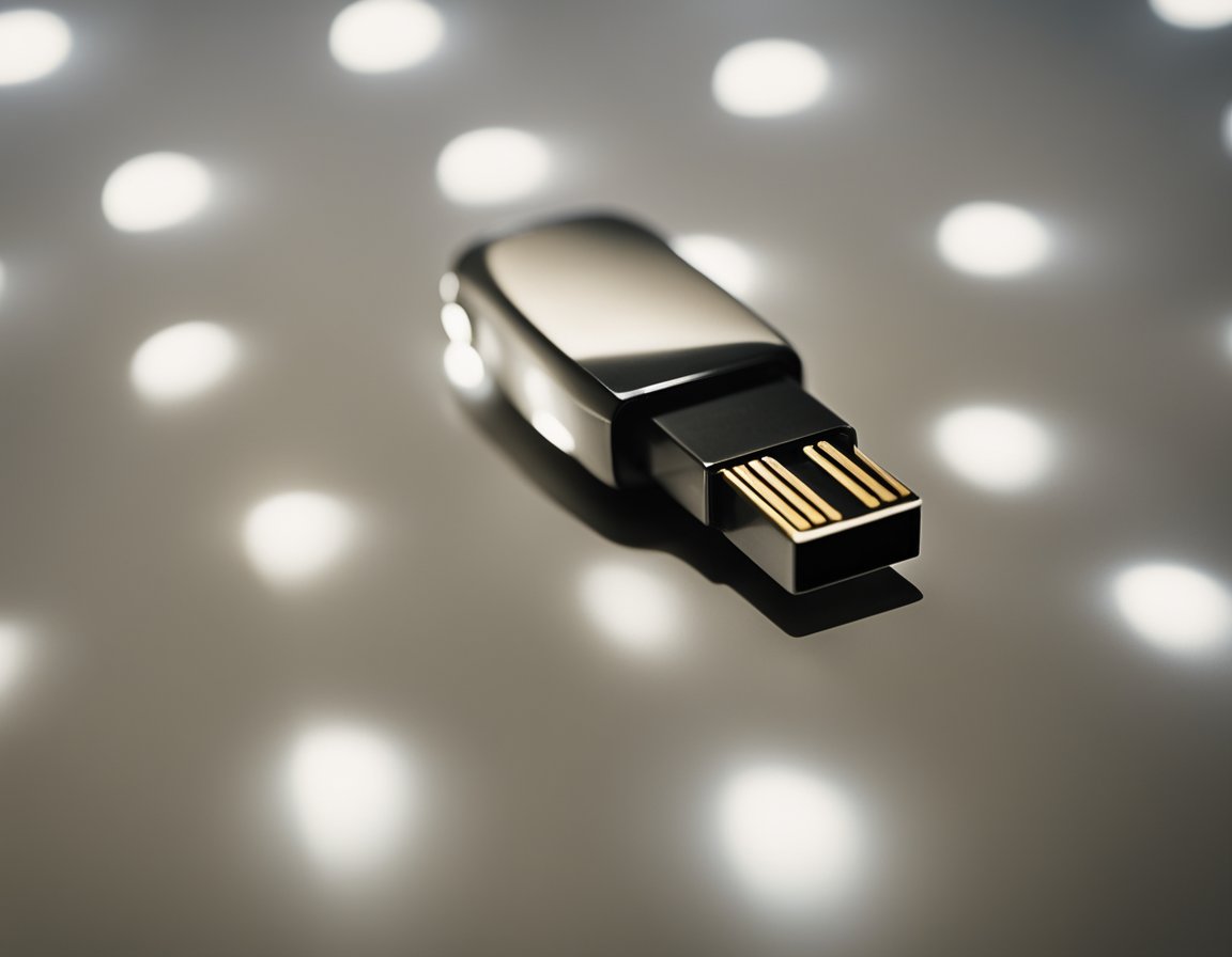 A USB drive sits on a desk, casting a shadow in the dim light. A question mark hovers above it, conveying uncertainty and doubt about its security for storing private information