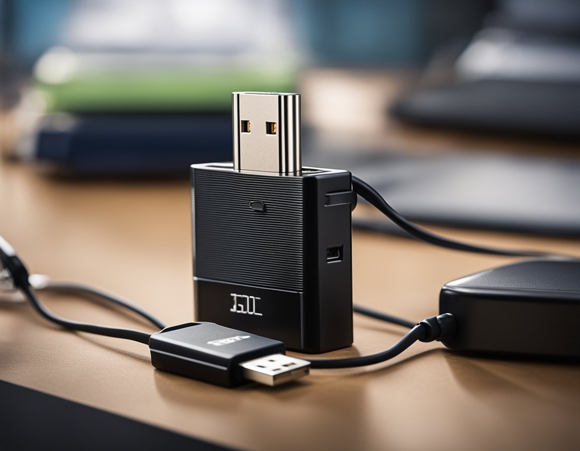 A USB drive sits on a desk, surrounded by a digital lock and tangled wires, hinting at the potential risks and vulnerabilities of digital privacy