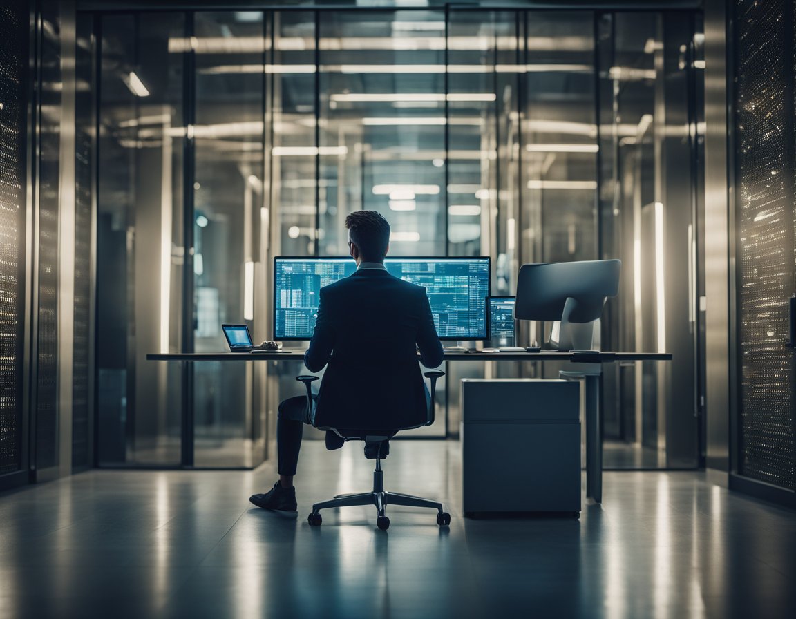 A person sitting at a desk with a computer screen showing a secure and encrypted internet connection, surrounded by shielding walls and locked doors