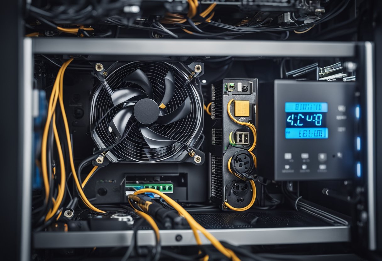 A gaming PC running with high power consumption, cables connected to a wall socket, and a digital wattage meter displaying high energy usage