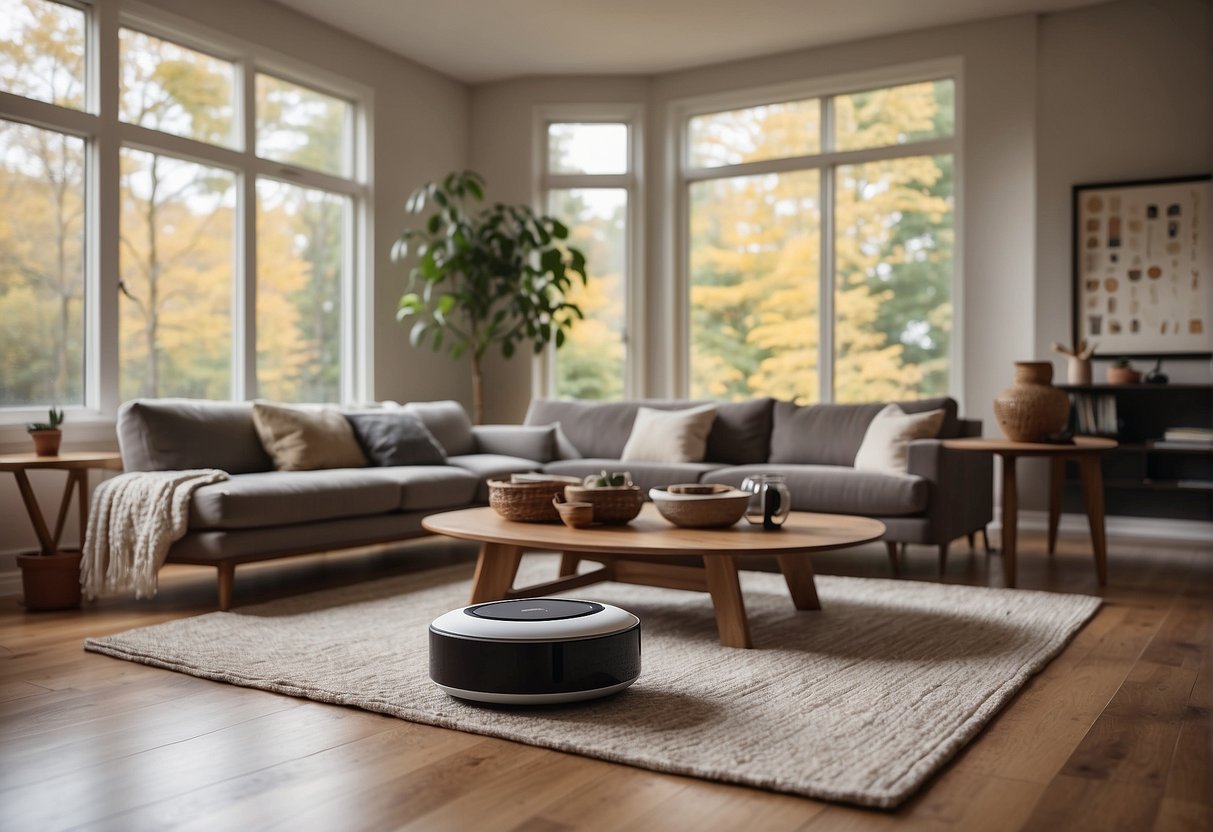 A cozy living room with a large smart TV, smart speakers, and automated window blinds. A robot vacuum cleans the hardwood floor while a smart thermostat controls the temperature